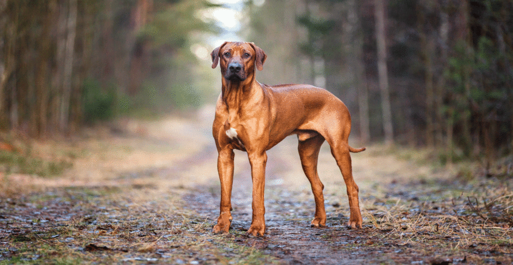 Rhodesian ridgeback dog standing in the wood 
